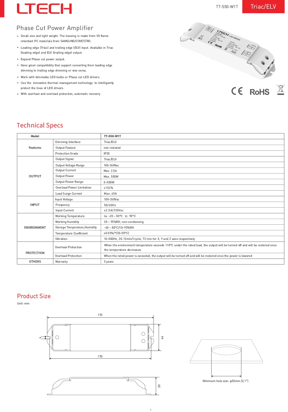 LTECH New Triac Phase Cut Power Amplifier TT-550-W1T  AC 100-240V Input 0-550W Output LED Triac Power Repeater