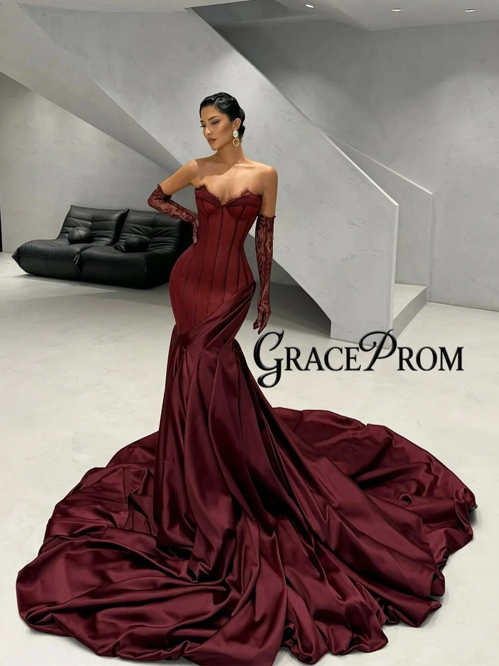 

GRACEPROM Elegant Burgundy Slim Fit Corset Mermaid Prom Gown Dramatic Train Stylish Customized Simple Evening Dress No Gloves