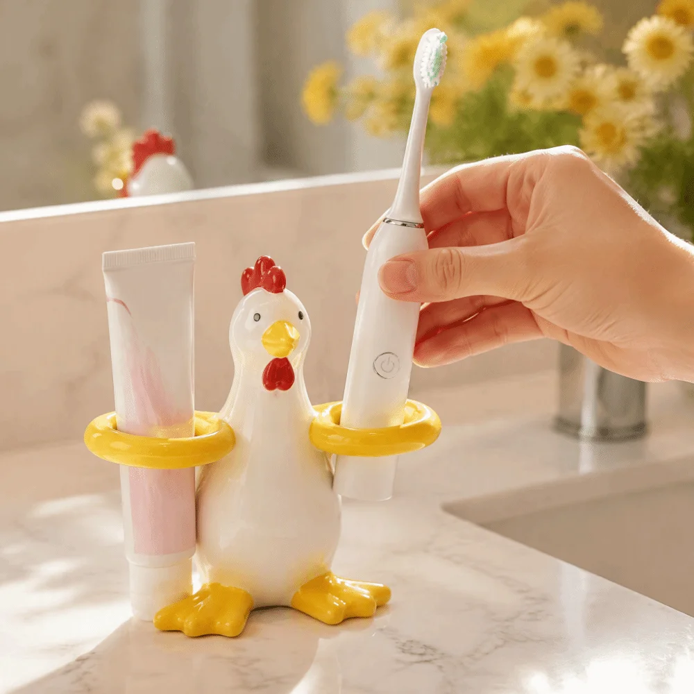 Chicken Shaped Electric Toothbrush Holder 2 Slot Non Slip Toothpaste Toothbrush Rack Ceramic Portable Makeup Brush Shelf