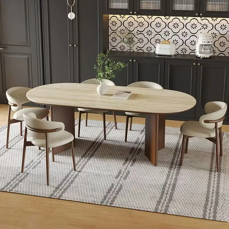 Modern Walnut Kitchen Round Wood Legs Dining Table Set Retractable and Convertible with 8 Chairs