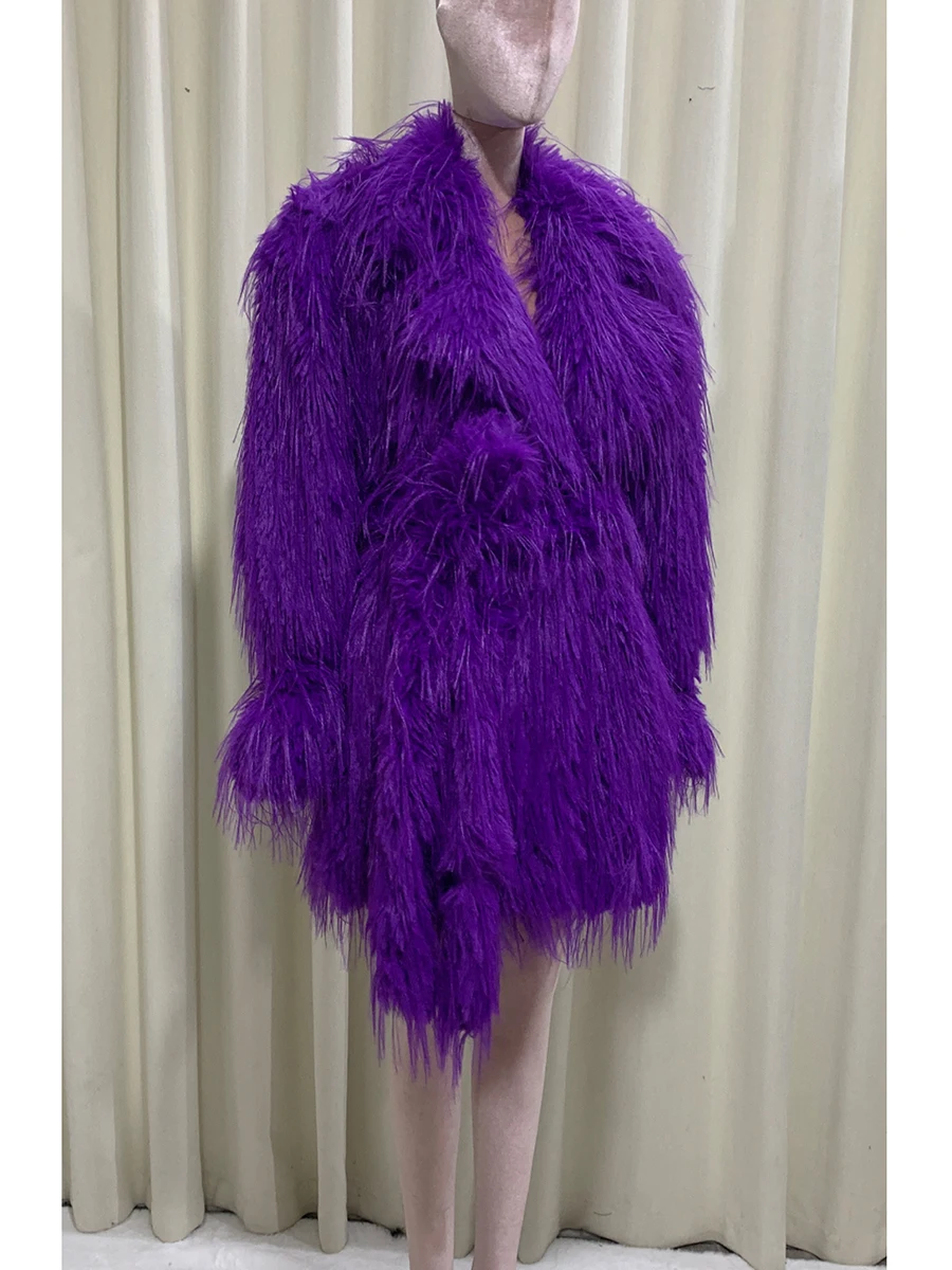 Otoño Invierno suelto brillante púrpura peludo grueso cálido suave imitación abrigo de piel mongol mujeres fajas chaqueta mullida de lujo 2025