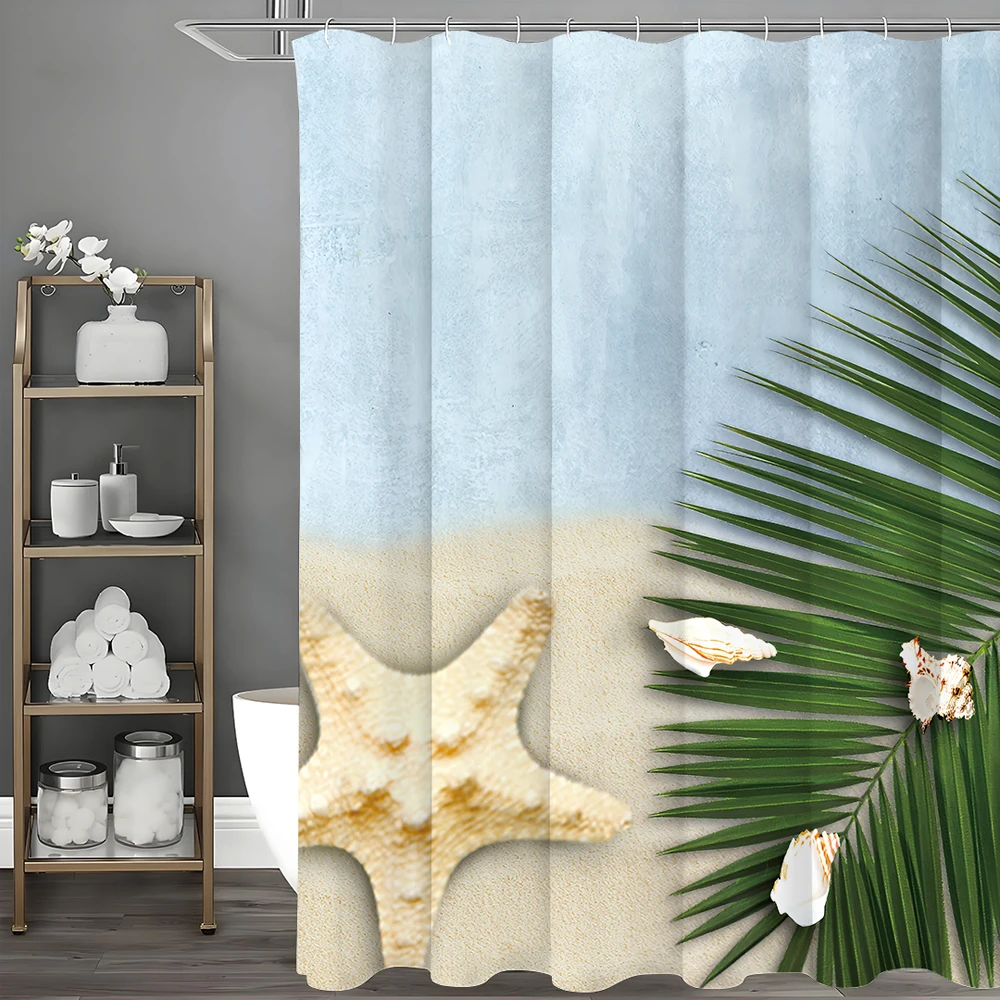 

Занавеска для душа из пальмового листа в виде ракушки океана, морская звезда, декоративная занавеска для душа в ванной комнате, водонепроницаемая занавеска для душа с крючками