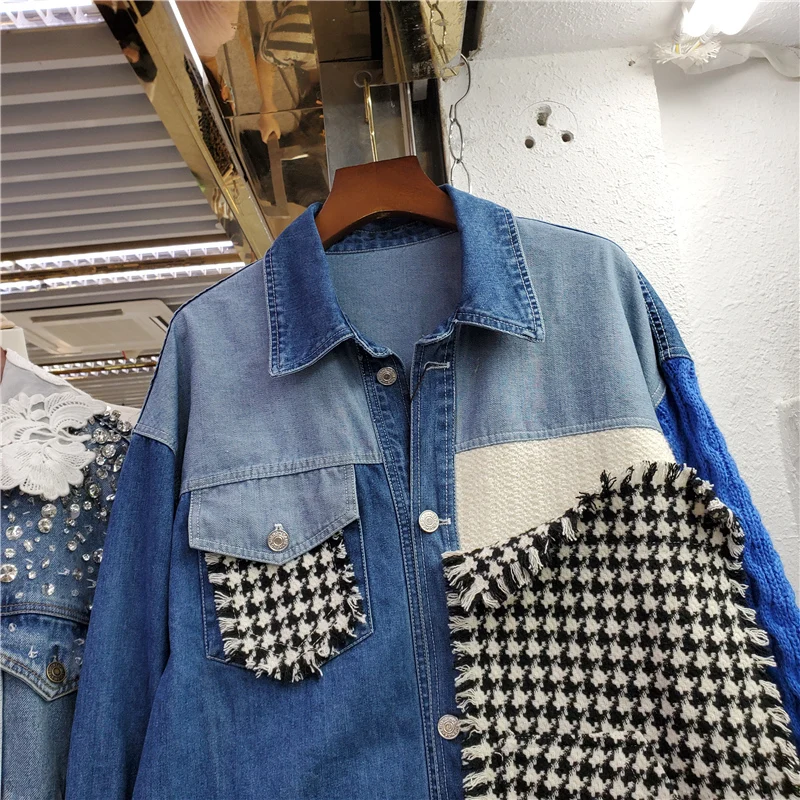 Fashion Houndstooth jaket Denim lengan panjang wanita, jaket Jeans lengan panjang kerah longgar kotak-kotak rajutan warna kontras Musim Semi