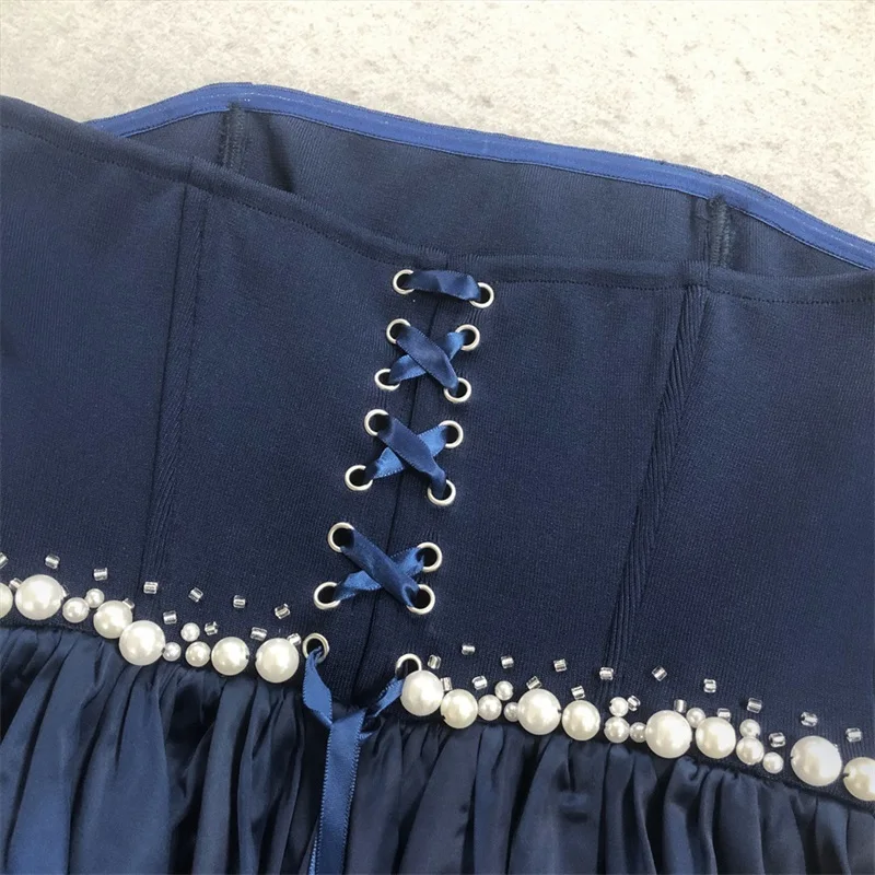 Perlen Blau Abendkleid Sexy Liebsten Lace Up Zurück Frühling Herbst Party Kleid Formale Hochzeit Gast Geburtstag Abend Robe