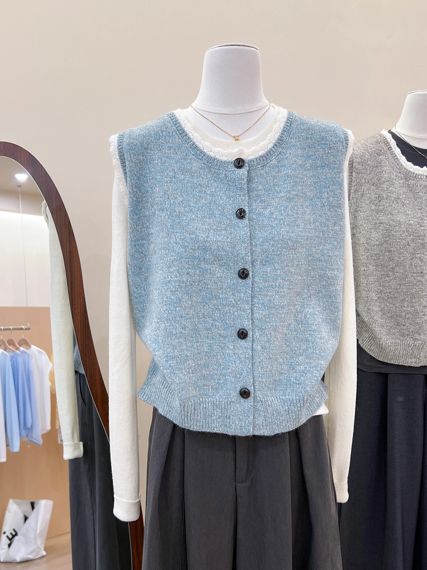 

Корейский свободный вязаный жилет с кружевной отделкой Svel Sweet ort Jaet круглый Ne с одной пуговицей, чистый цвет, осенняя мода