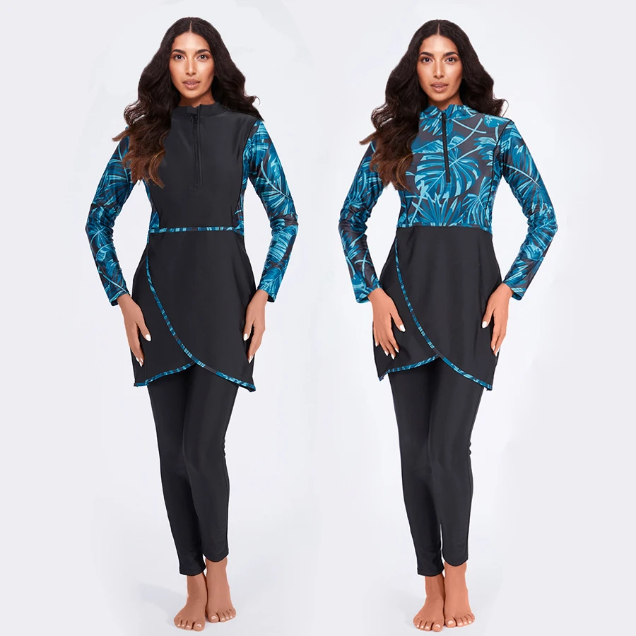 

3PCS/Set Women Burkinis Muslim Swimwear Modest Swimsuit Long Sleeve Islamic Swimming Bathing Suit Tropical Plant Top Pant Hijab