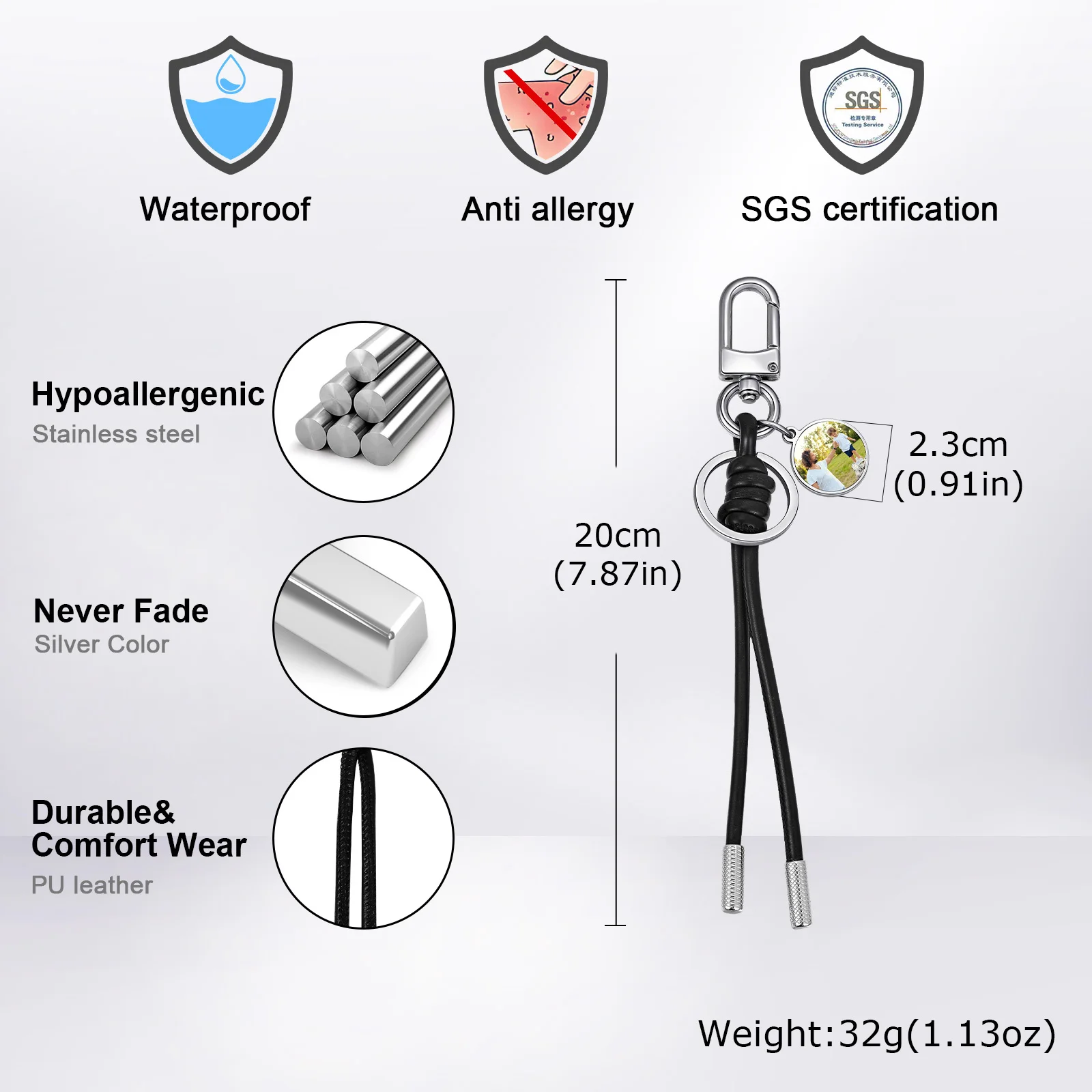 Vnox Photo Customized Key Chain, Black PU Soft Leather Rope Keychains Image Metal Plate Key Chain, Custom Birthday Gift for Dad