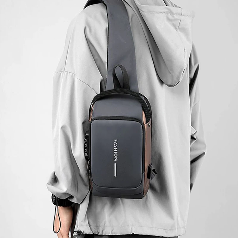 Diebstahlsichere Brusttasche für Herren mit Zahlenschloss, USB-Ladeanschluss, wasserdicht, als Umhängetasche oder Schultertasche für den täglichen Gebrauch. – Detail 12