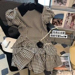 Ruffled Puff Short Sleeve Plaid Dress Women Vintage Vestidos De Mujer Summer Y2k Doll Mermaid Elegant Mini Dresses