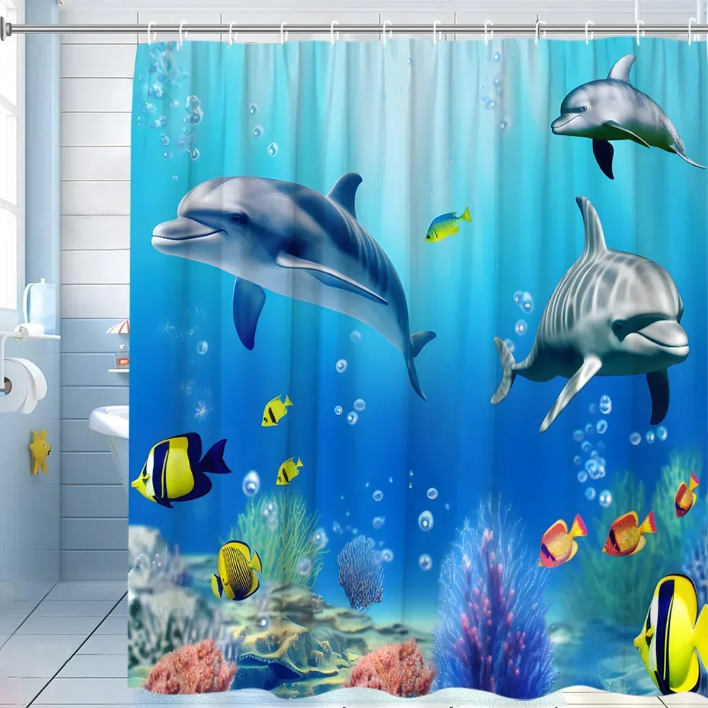 Ocean Animal Shower Curtain Whale Fish Shark Coral Jellyfish Turtle Underwater World Cartoon Polyester Bathroom Decor Curtain