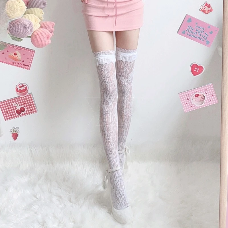 Chaussettes en maille de dentelle blanche européenne et américaine, bas Loli noirs, chaussettes hautes Sexy, accessoires de Costume d'halloween