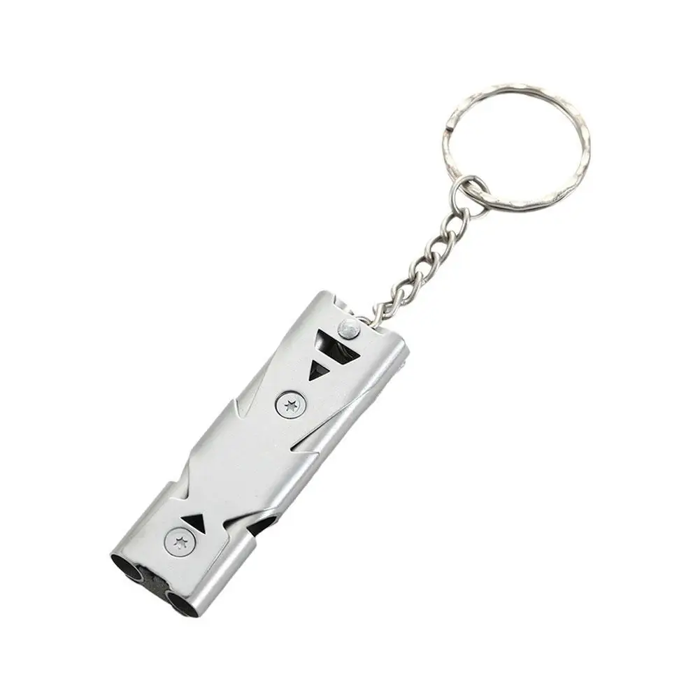 Aço inoxidável EDC Survival Whistle, Double Pipe, Cheerleading Alloy Keychain, Ferramenta de emergência, alta decibel, ao ar livre, I7d7