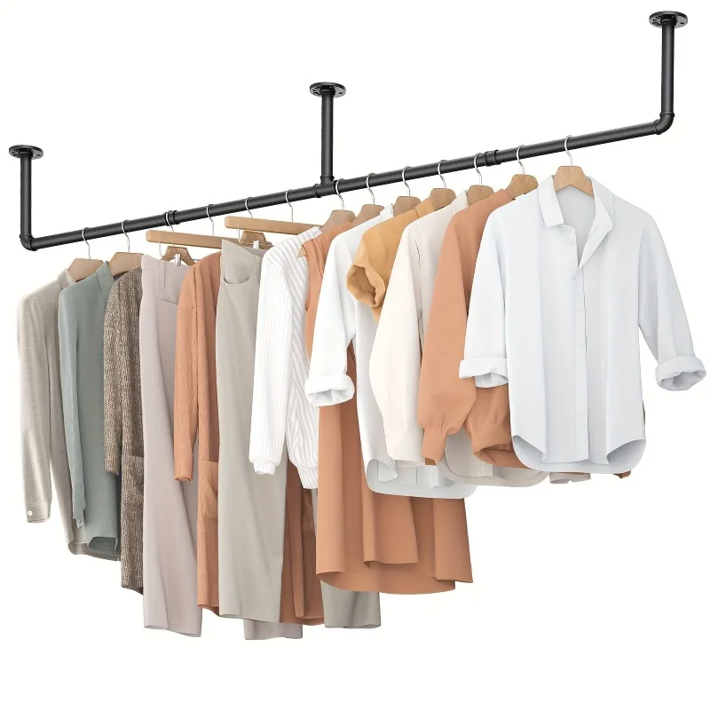 Wall Mounted Clothes Rack,  Industrial Pipe Clothing Rack for Hanging Clothes, Space-Saving Closet Rod, MultiPurpose Hanging Rod