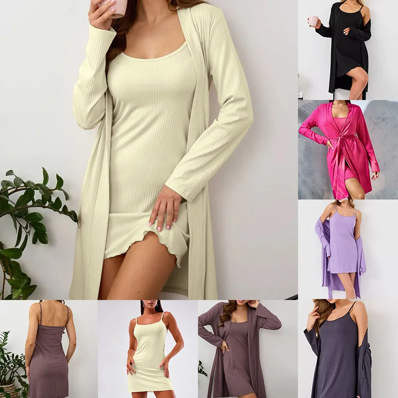 

Autumn New Robe Suit Women Solid Color Kimono Gown Sexy Chemise Sleepwear Intimate Lingerie 2Pcs Pijama Mujer Nightgown Suit