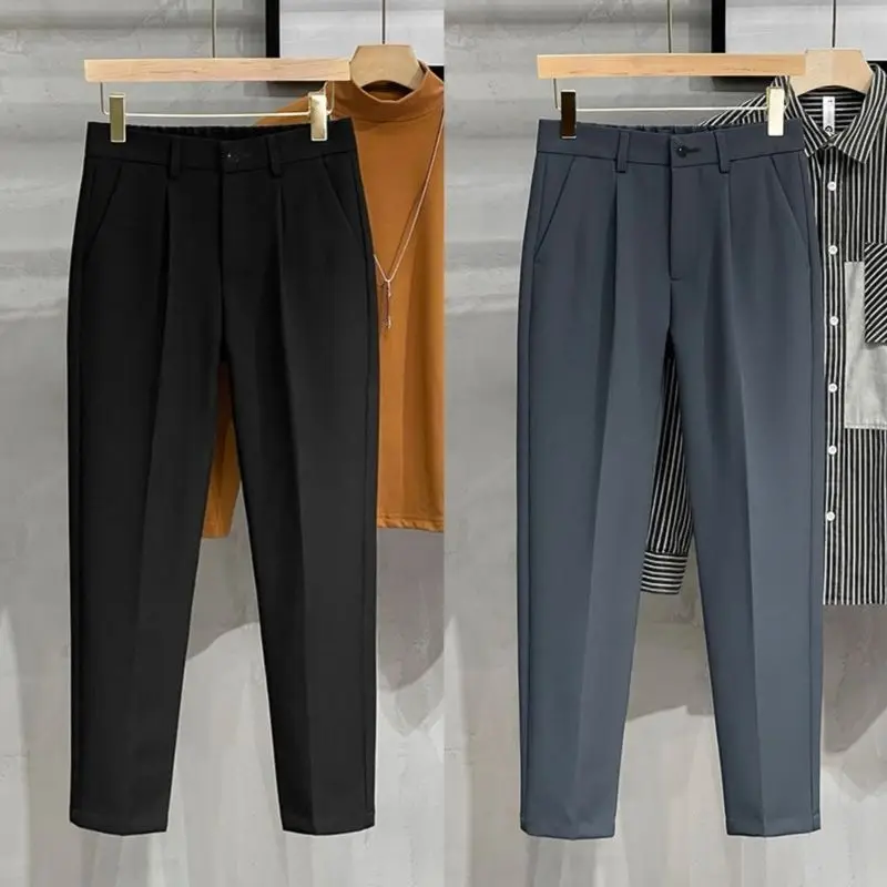 

Мужские повседневные брюки прямого кроя, тонкие, драпированные, черные, деловые, летние, укороченные, свободного кроя