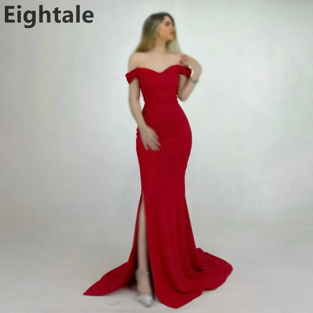 Eightale 2025 Jersey de sirena roja con hombros descubiertos vestido de noche con abertura Sexy vestido de graduación vestido de fiesta árabe saudí personalizado