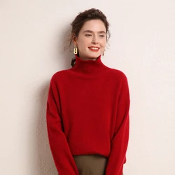 LDZWSM Women's Clothing Wool Red Sweater Turtleneck Loose Casual Jumpers Pullover Soft Oversized Winter Outerwears