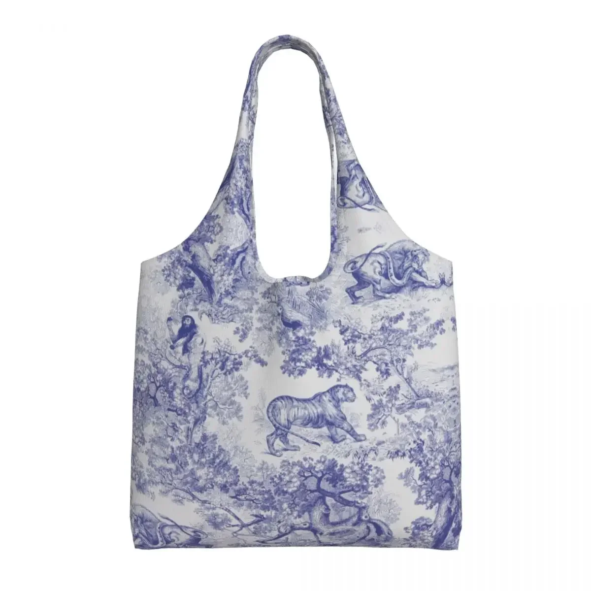 Custom French Toile De Jouy Navy Blue Motif Shopping Tote Bags Animal Forest Floral Art Groceries Canvas Shopper Shoulder Bag