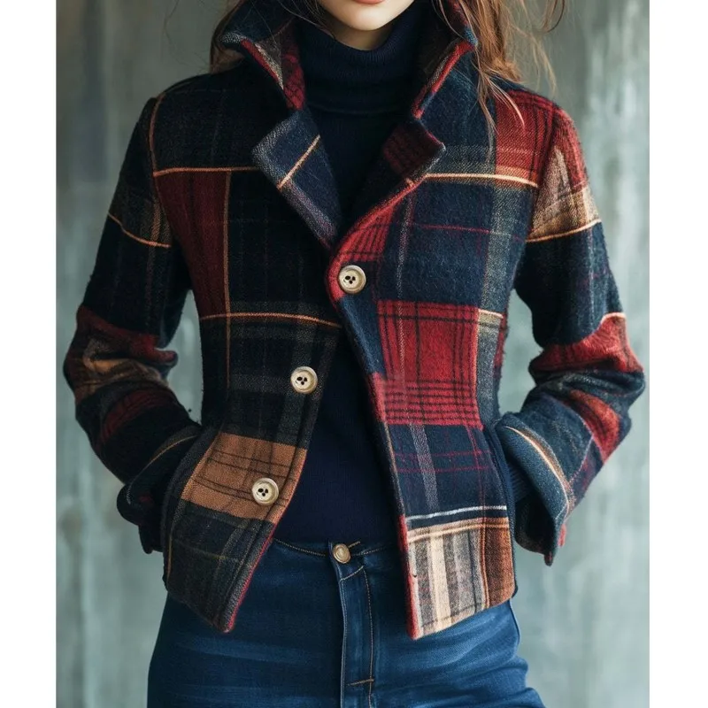 Retro Plaid Autumn Winter Warm Jacket Woman's Fashion Stand Collar Splicing Single Breasted Long Sleeve Coat Pocket Lady Outwear