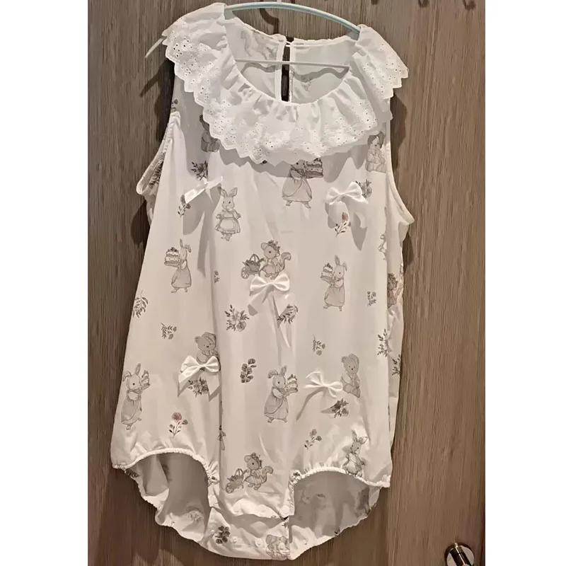 

Adult Onesie Pure Cotton Cute Cartoon Printed ABDL Rompers Sleeveless Ruffled Collar Bow Soft Cozy Diaper Pyjamas DDLG Playsuits