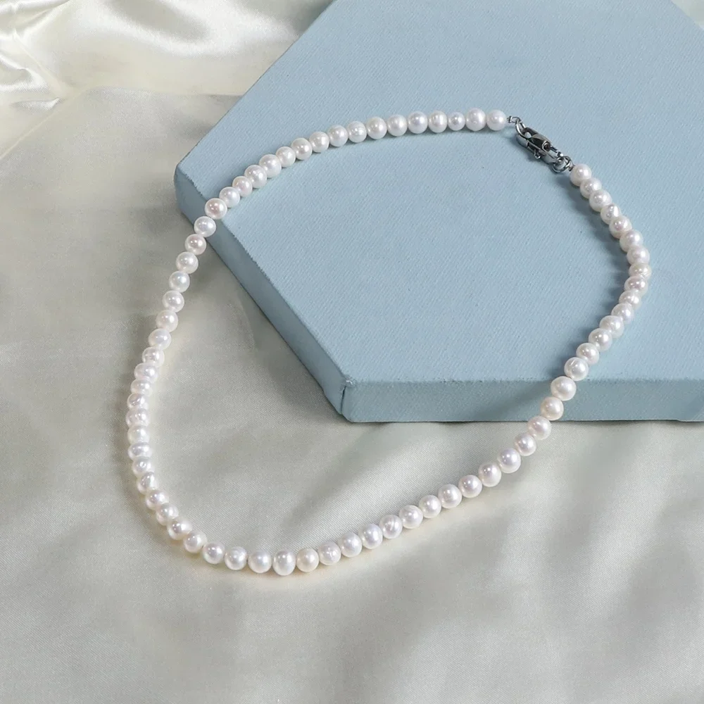 

wholesale stainless steel wire high quality dainty pearl necklace 6mm white freshwater pearl necklace for women men