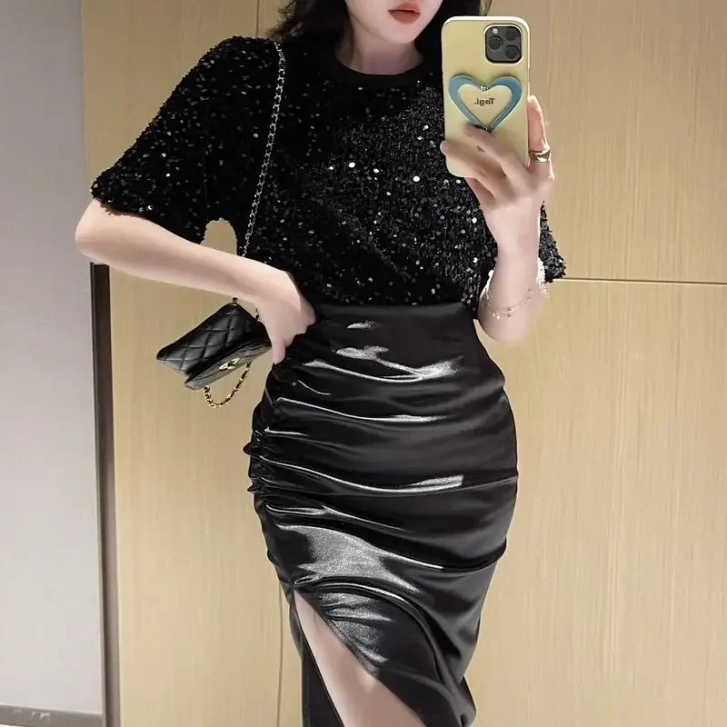 2 Pieces Sets for Women Long Short Sleeve Maxi Sequin Woman Outfit Night Club Mature Sexy Slit Skirt Y2k Streetwear Stylish Full