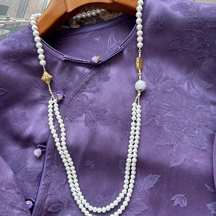 Purple Vintage Slanted Placket Frog Button Chinese Style Women's Top Summer  Modified Light Chinese Style Embroidered Blouse