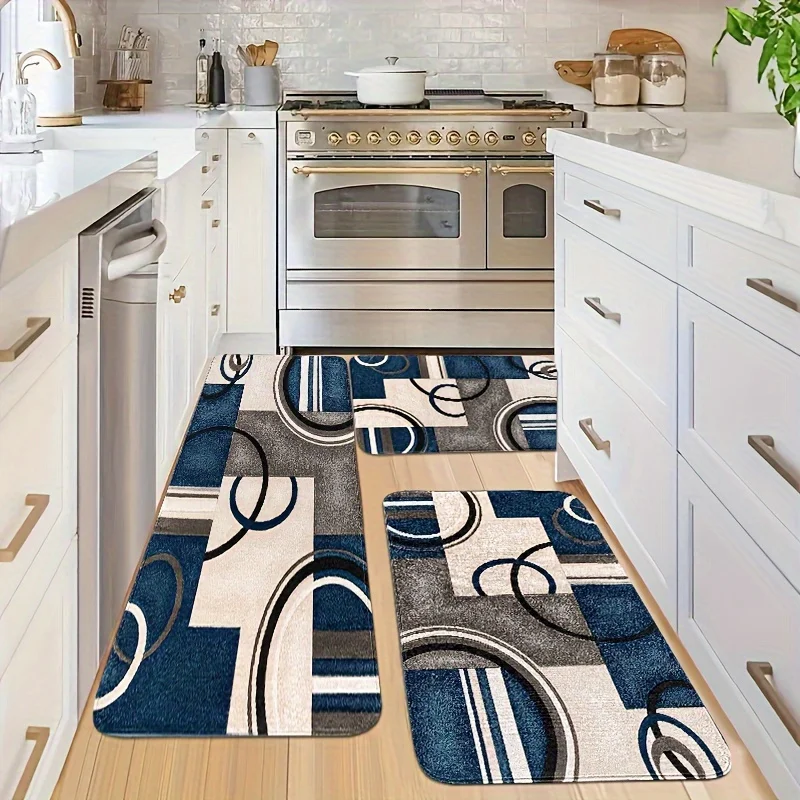 Modern Blue Geometric Kitchen Runner Rug Entryway Area Rug 1/2/3pcs Set Bedroom Living Room Laundry Floor Mat Modern Doormat