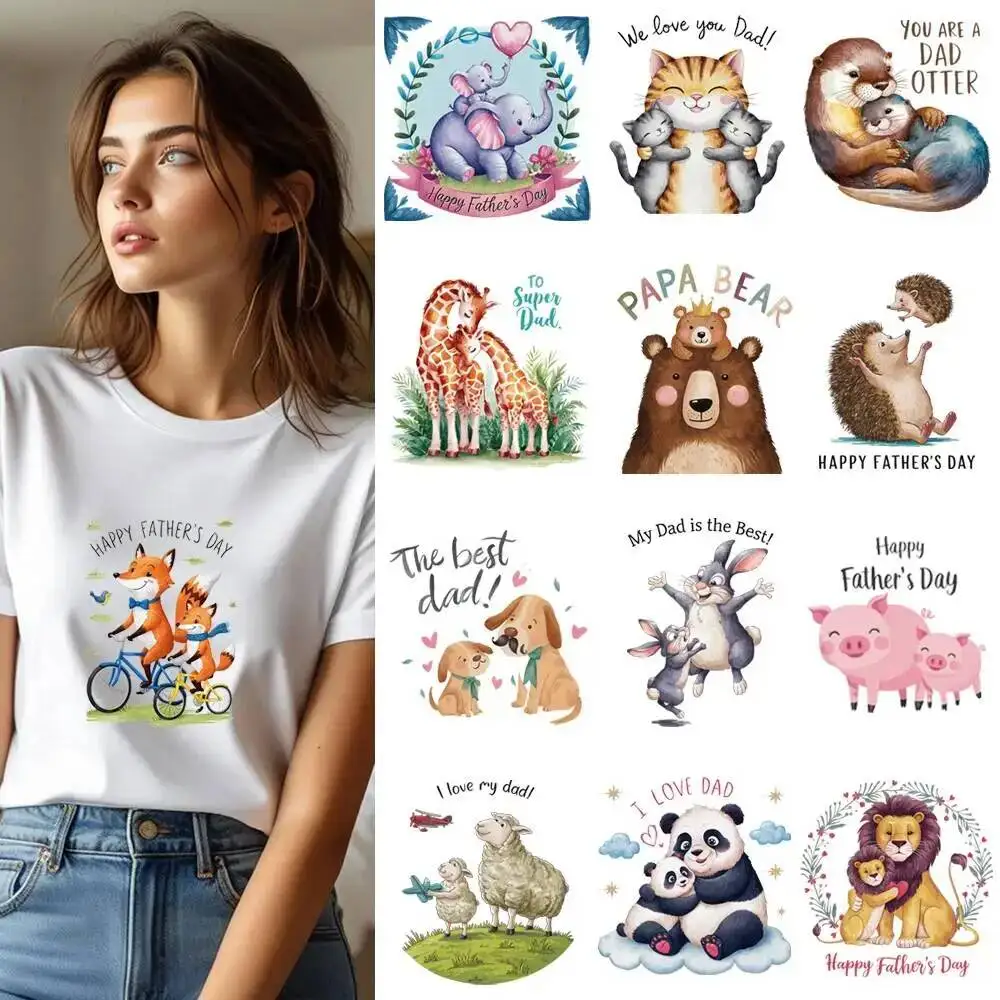 25CM Fathers Day Animals Bear Cat Foxes Heat Transfer Patches For Clothes DIY A-Level Washable Shirt Iron-on Thermal Sticker
