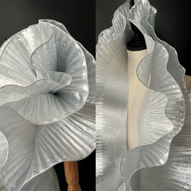 Metal Wave Solid Pleated Ruffle Fabric 15cm Wide Metallic Lustrous Big Wave Designed Pleat Fabrics DIY Dress 1m(Stretched Size)