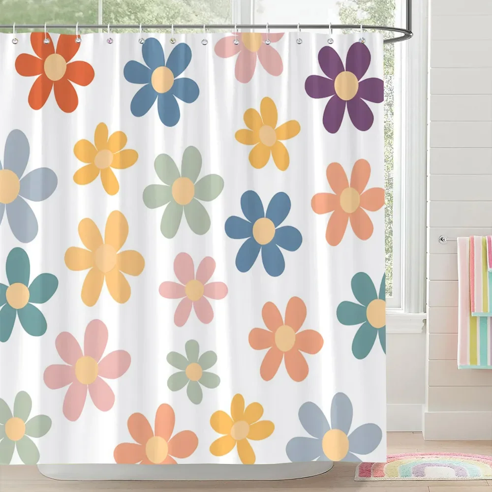 Colourful Flower Shower Curtain Geometric Lines Square Fresh Elegant Polyester Kids Shower Curtains Bathroom Decor With Hooks