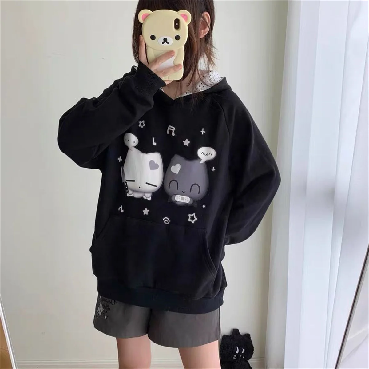 Ropa Mujer Japanese Cute Hoodies Coats Cute Cat Print Hooded Sweatshirts Y2K Tops Women Clothing Casual Zipper Loose Hoodie