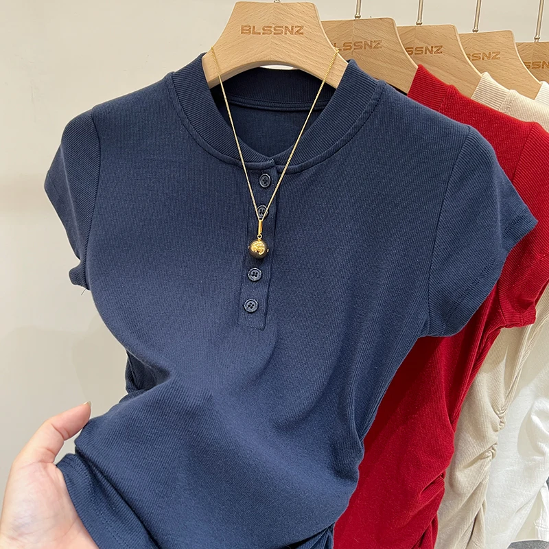 بلوزة نسائية قصيرة الأكمام بأزرار مفتوحة ، ملابس نسائية ، تيشيرت أحادي اللون ، أساسي ، كاجوال ، نحيف ، نحيف ، قمم ، تي شيرت