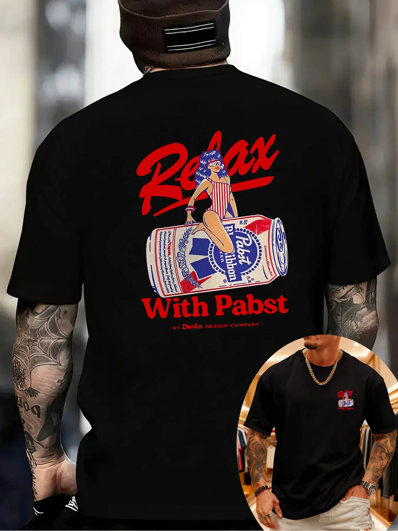 2026 Summer Hot Selling Men's Crew Neck Short Sleeve Printed T-Shirt Knitted Fabric Pabst Beer Can Print Shirt  streetwear