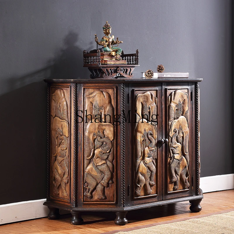 FG Elephant Embossed Teak Entrance Cabinet Solid Wood Furniture Decorative Storage Cabinet