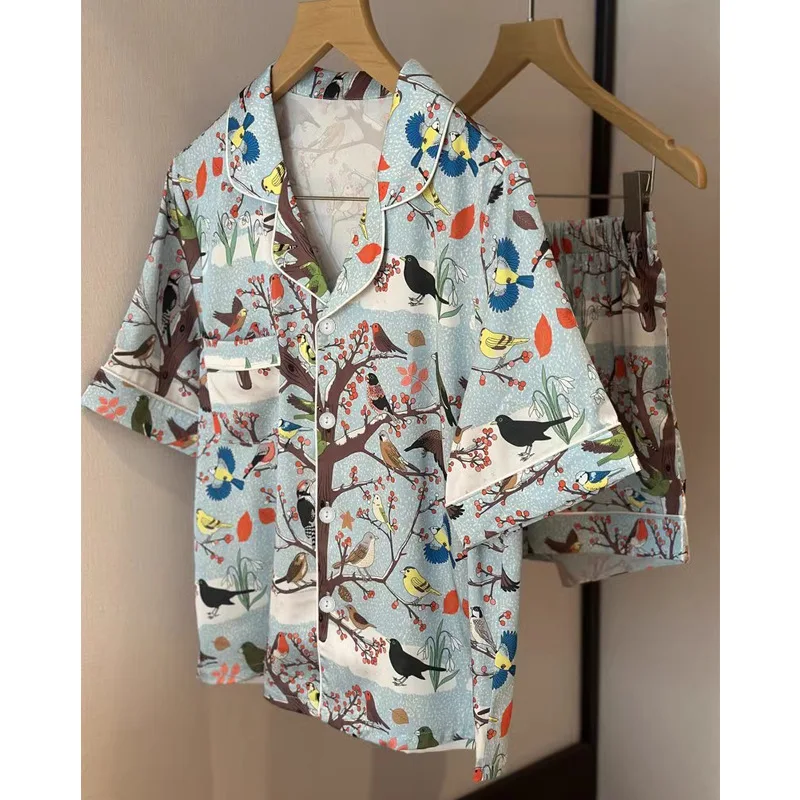 Women Pajama Set Spring Summer 2 Piece Bird Print Pyjama Pocket Faux Silk Satin Sleepwear Short Sleeve Pijama Mujer Pjs Homewear