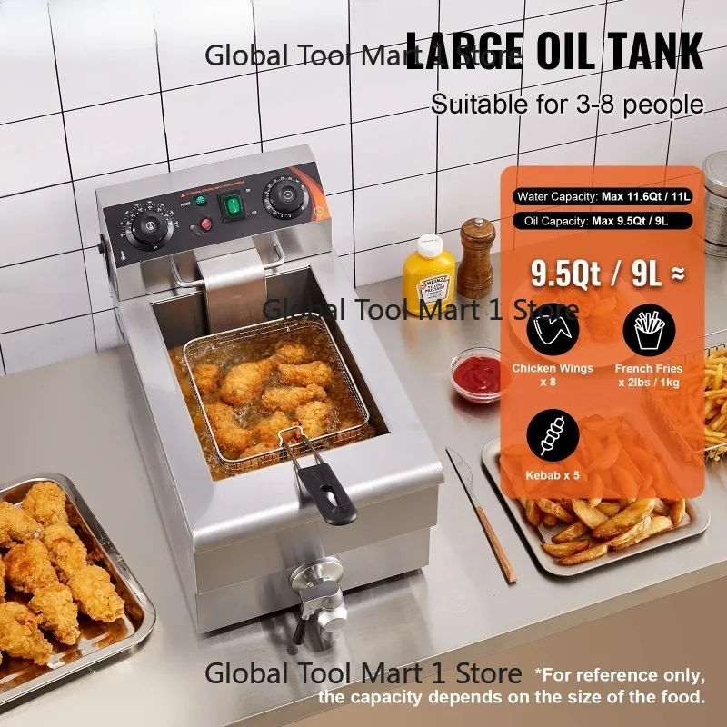 SucceB- Commercial Deep Fryer Electric Countertop Fryer with Basket 10L Stainless Steel Single Oil Fryer w/Time&Temp Control