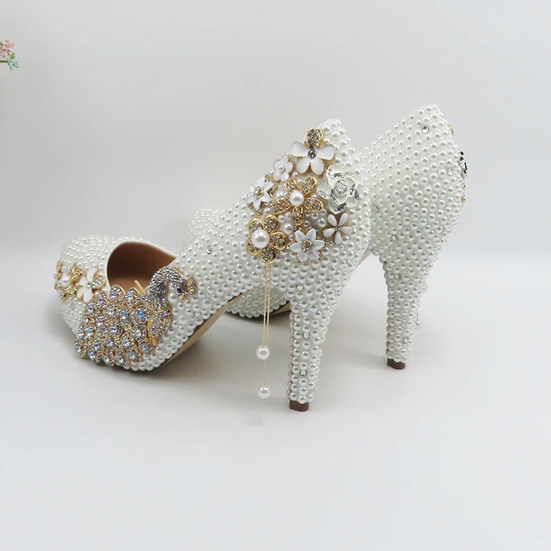 BaoYaFang  White pearl beads Womens wedding shoes Bride high woman party dress shoes Luxury peacock female shoes high Pumps