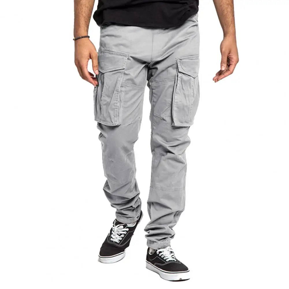 

Mid-rise Elastic Waistband Drawstring Pockets Men Pants Straight Leg Cargo Trousers