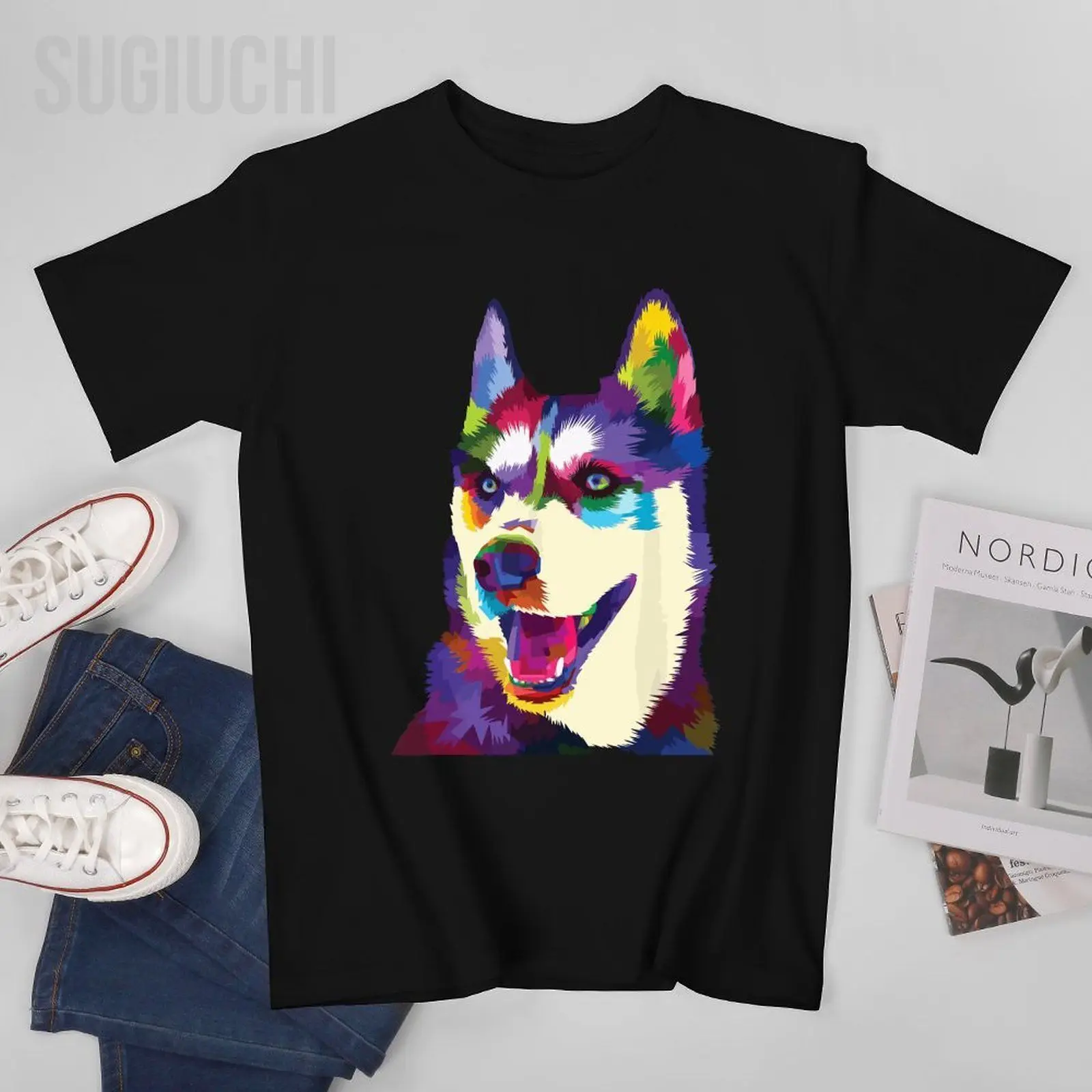 Unisex Men Colorful Dog Rainbow Siberian Husky Puppy Vibrant Dog Tshirt Tees T Shirts Women Boys 100% Cotton T-Shirt