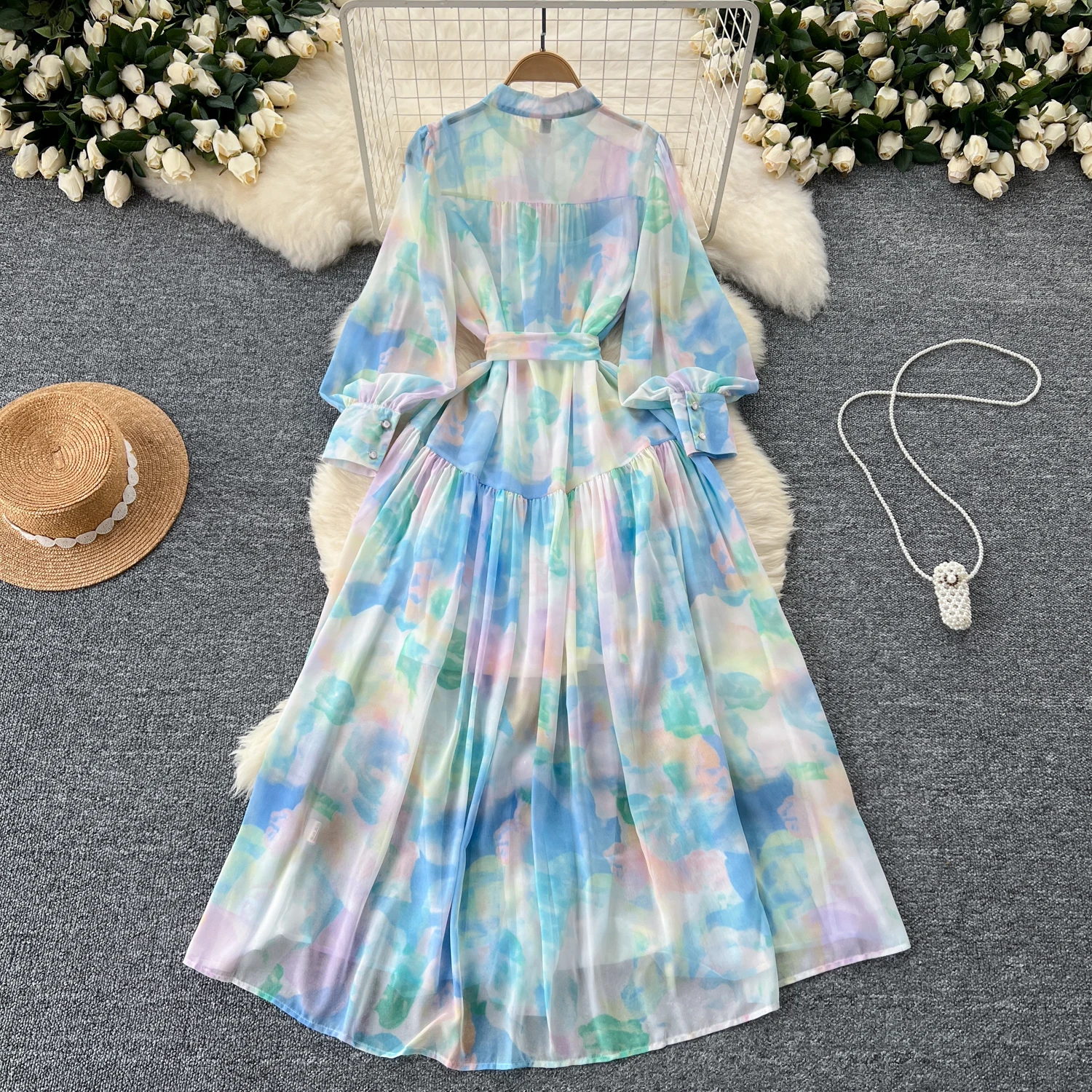 Clothland Women Elegant Print Chiffon Midi Dress Sashes Long Sleeve A Line One Piece Female Chic Mid Calf Dresses Mujer QD805