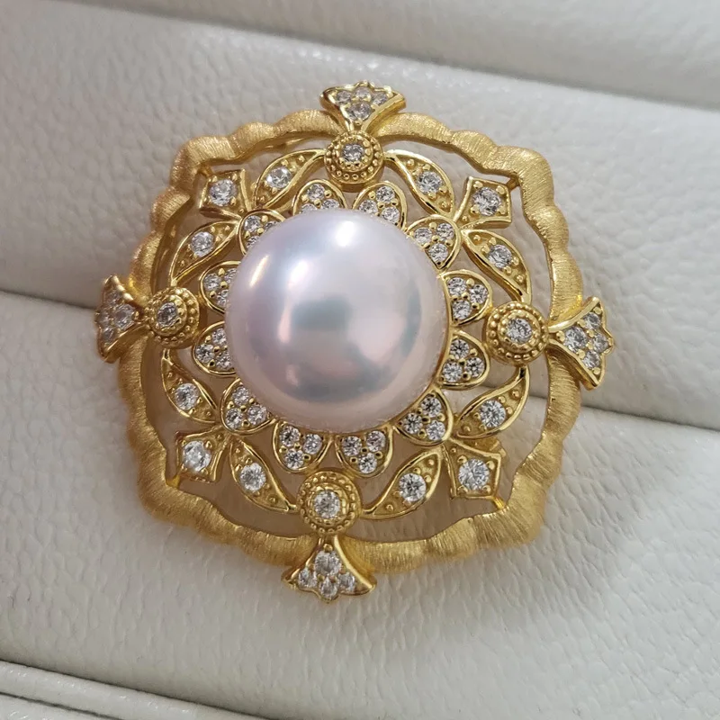 Natural Edison Pearl Brooch Pendant 2-in-1 12mm Round High Luster 925 Silver Gold Plated Vintage Filigree Pin for Women