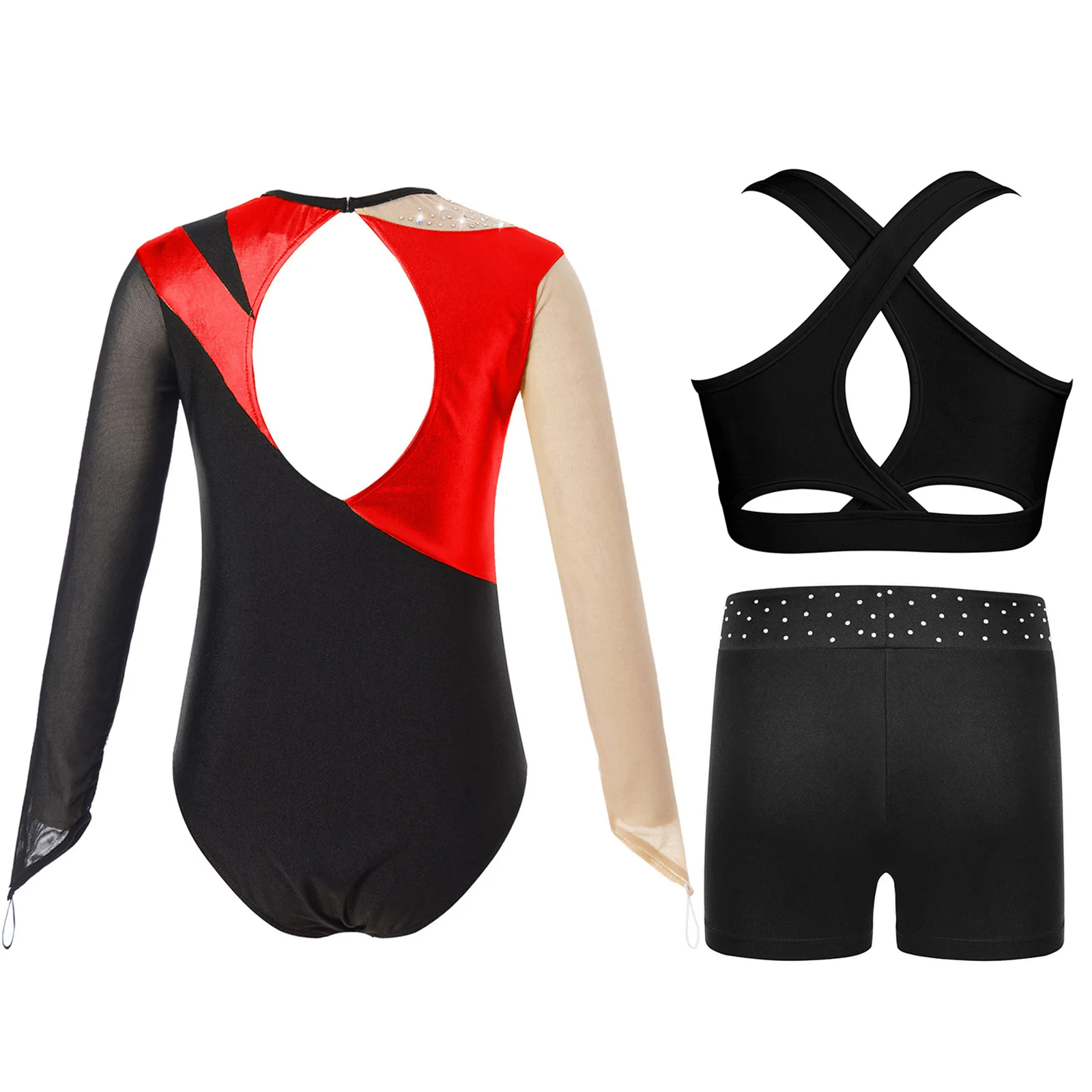 Kids Girls Gymnastics Ballet Outfit Mesh Long Sleeve Contrast Color Metallic Leotard with Cross Back Vest And Waistband Shorts