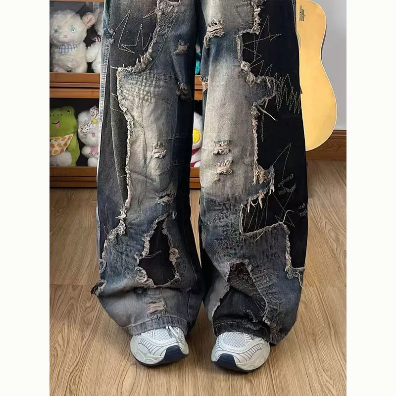 2026 American Style Personalized Fashion New Washed Tie Dye Distressed Jeans Autumn Loose Wide Leg Pants High Waisted Pants