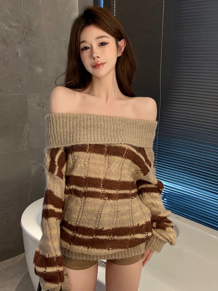 Suéter de Punto a Rayas Estilo Urbano, Un Hombro Descubierto, Hoado, Recto, Estilo Vintage, Informal