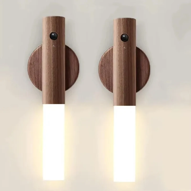 Motion Sensor LED Night Light Rechargeable Human Body Induction Wall Light Wood Grain Designed Lamp For Bedroom Stair Lighting