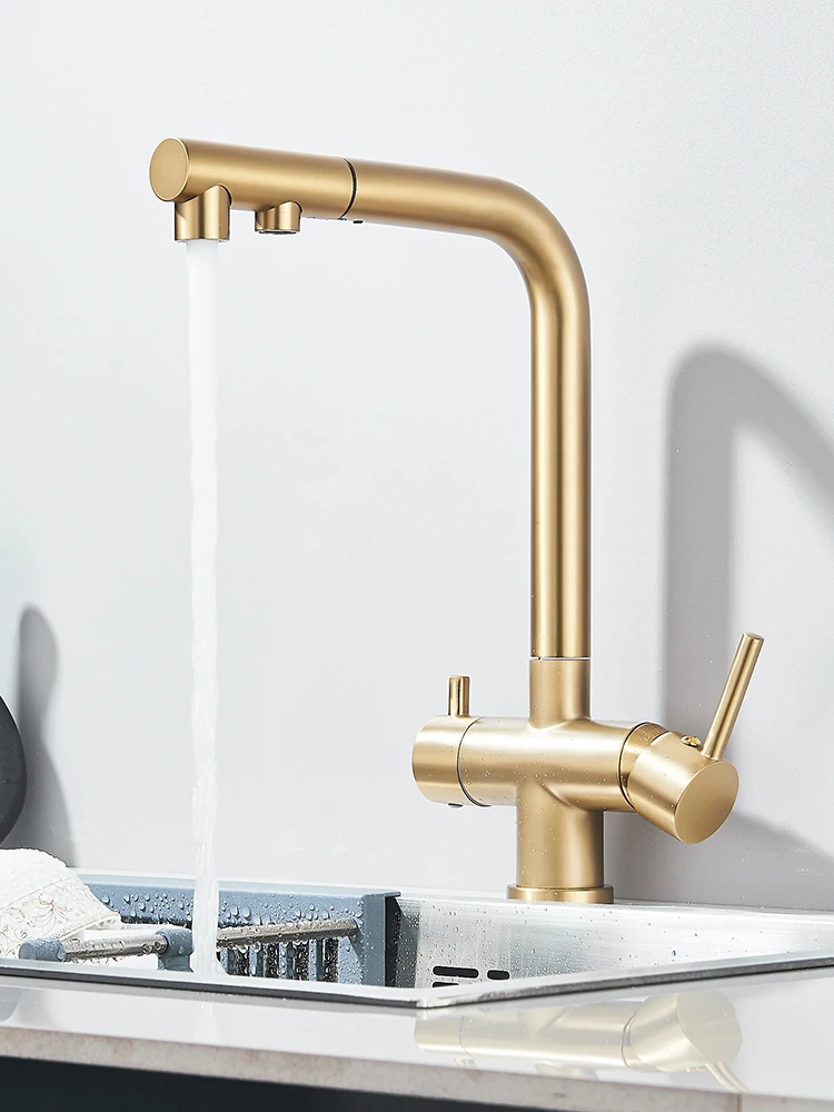 Ausziehbare Küchenarmatur für Kalt- und Warmwasser mit Doppel-Drehauslauf, Trinkwasserfilter und Reiniger, Spültischmischer