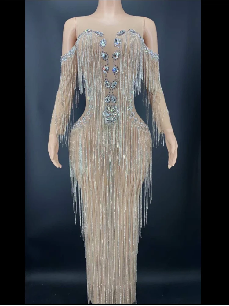 

Nude Shining Tassel Crystal Rhinestones Split Sexy Women Dress Party Evening Birthday Clothing Stage Perform Costumes