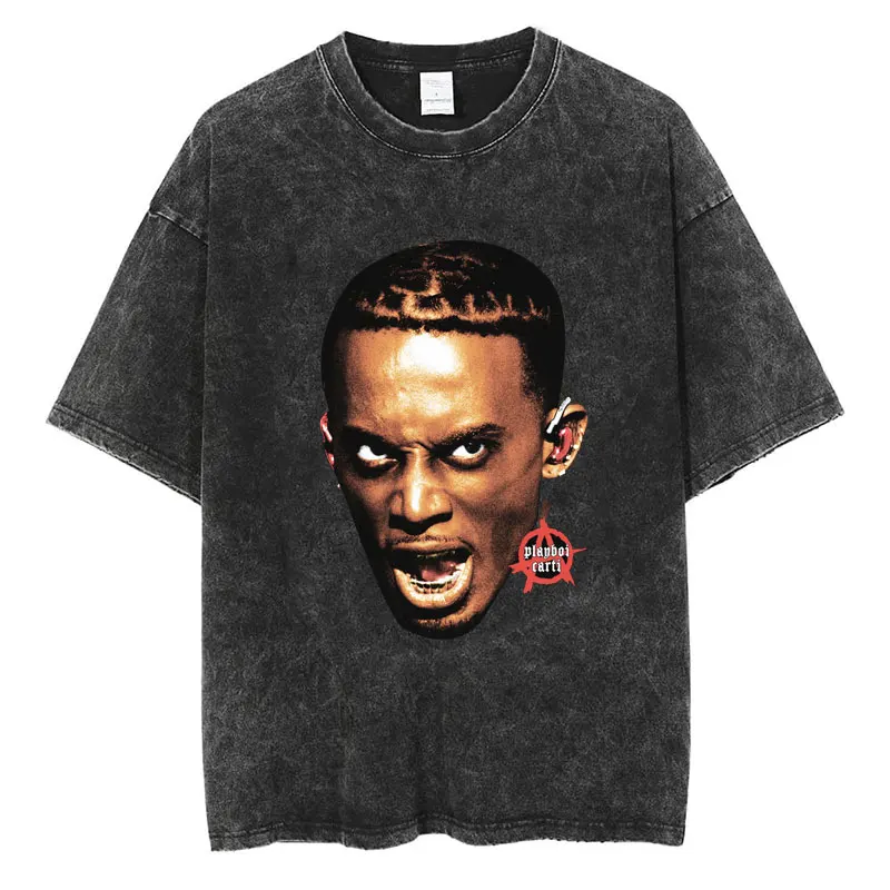 Rapper Playboi Carti Graphic Washed T-Shirt Retro Hip Hop Harajuku Short Sleeve Men's Cotton Oversized Music T Shirts Streetwear