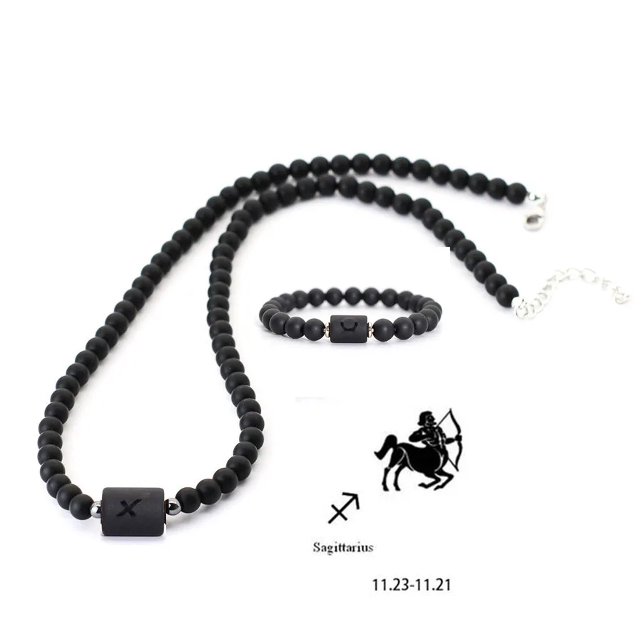 2 Teile/satz Schmuck Set Männer 12 Konstellationen Halskette Armband 19 Zoll Kurzen Kragen Unfading 8mm Onyx Stein Armband pulseria
